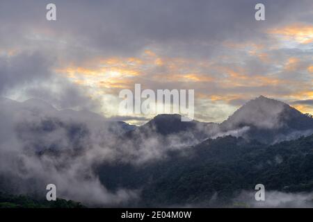 Sonnenaufgang mit Nebel und Nebel im Nebelwald Andengipfel, Mindo, Ecuador. Stockfoto