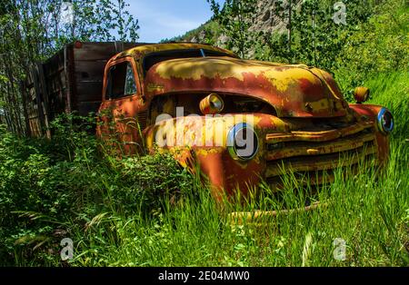 Alter LKW mit abblätternder gelber Farbe und Rost, verlassen in hohem Gras am Telegraph Creek im Stikine Canyon im Norden von British Columbia. Stockfoto