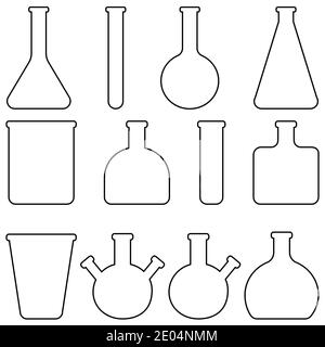 Set Icons Glaselaborgeschirr, Vektorflaschen und Reagenzgläser medizinisches Geschirr für die Laborforschung Stock Vektor