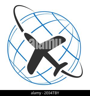 Logo Symbol Flugzeug fliegen um die Erde, Vektor-Zeichen Symbol Tourismus und Reisen, Konzept der Weltreise, Tourismus und Erholung Stock Vektor