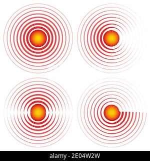 Zeichen Symbol Epizentrum Schmerzen Lokalisierungsvektor rote Kreise mit gelben Zentrum Symbol Halsschmerzen Gelenke, Wunde Stelle oder gequetscht Körperteil Marke Stock Vektor