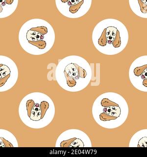 Hand gezeichnet niedlichen Cocker Spaniel Hund Gesicht Rasse in Polka Punkt nahtlose Vektor-Muster. Purebread Stammbaum Welpen inländischen auf dotty Hintergrund. Hundeliebhaber Stock Vektor