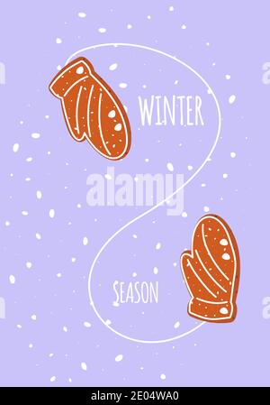 Weihnachtskarte mit geformten Fäustlingen Lebkuchenkekse. Neujahrskarte traditionelle Winterdesserts. Verschneite Einladung, Gruß mit Ikone Gebäck als Symbol Weihnachtsfeiertage geschmückt. Vektorgrafik Stock Vektor