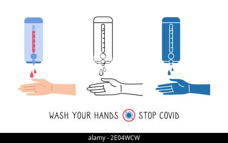 Händewaschen, Desinfektionswand, Cartoon linear und Glyph Style Set. Infografik: Händewaschen, Desinfektion, Hygiene. Antiseptische Gel Symbol Sammlung. Vektorgrafik Gesundheitswesen Stock Vektor