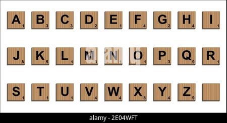 Holz scrabble Fliesen Alphabet Buchstaben 3D realistisch, Vektor Wort scrabble Puzzles Design Elemente Brett Spiel Vorlage Stock Vektor