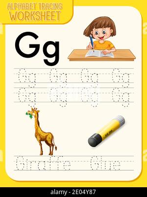 Arbeitsblatt zur Nachverfolgung des Alphabets mit Darstellung von Buchstaben und Vokabeln Stock Vektor
