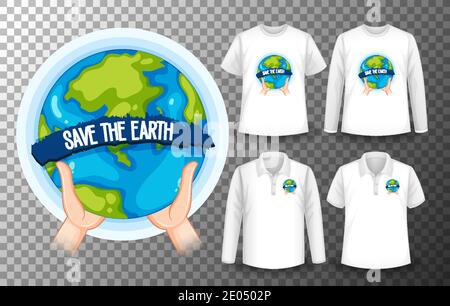 Speichern Sie die Erde Logo mit Set von verschiedenen Shirts mit Speichern Sie die Erde Logo-Bildschirm auf Shirts Illustration Stock Vektor
