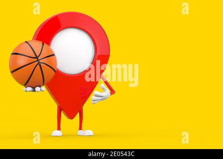 Karte Pointer Pin Character Mascot mit Basketball Ball auf gelbem Hintergrund. 3d-Rendering Stockfoto