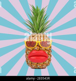 Fun Cartoon Fashion Hipster Schnitt Ananas Charakter mit gelben Sonnenbrillen und Big Red Lips auf einem Vintage-Star-Form rosa und blau Hintergrund. 3d-Rende Stockfoto