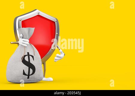 Red Metal Schutz Schild Charakter Maskottchen und gebunden Rustikale Leinwand Leinen Geld Sack oder Geldbeutel mit Dollar-Zeichen auf einem gelben Hintergrund. 3d-Renderin Stockfoto