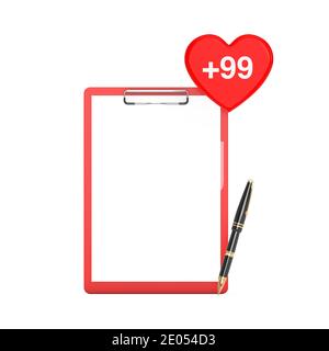 Papier-Zwischenablage und Stift mit Herz-Tag für Bestellung, Wunsch oder Einkaufsliste auf weißem Hintergrund. 3d-Rendering Stockfoto