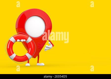 Karte Pointer Pin Character Mascot mit Life Boje auf gelbem Hintergrund. 3d-Rendering Stockfoto