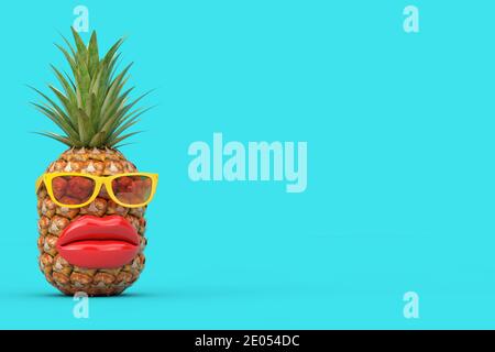 Fun Cartoon Fashion Hipster Schnitt Ananas Charakter mit gelben Sonnenbrillen und Big Red Lips auf einem blauen Hintergrund. 3d-Rendering Stockfoto