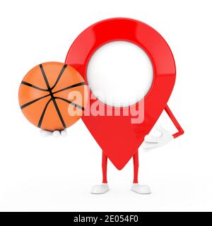 Karte Pointer Pin Character Mascot mit Basketball Ball auf weißem Hintergrund. 3d-Rendering Stockfoto