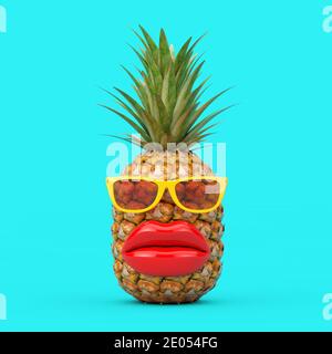 Fun Cartoon Fashion Hipster Schnitt Ananas Charakter mit gelben Sonnenbrillen und Big Red Lips auf einem blauen Hintergrund. 3d-Rendering Stockfoto