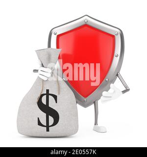 Red Metal Schutz Schild Charakter Maskottchen und gebunden Rustikale Leinwand Leinen Geld Sack oder Geldbeutel mit Dollar-Zeichen auf einem weißen Hintergrund. 3d-Rendering Stockfoto