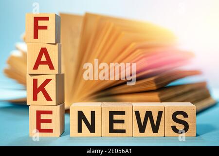 Holzwürfel mit der Abkürzung Fake News auf dem Hintergrund eines offenen Buches. Stockfoto