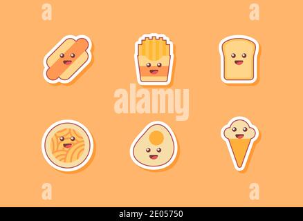 Food Icon Set Collection Paket Hot Dog pommes Frites Brot Nudeln Ei Eis braun kawai emoticon Gesicht niedlich Spaß Glücklich mit flacher Farbumrandung Stockfoto