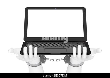 Cyber-Kriminalität und Gesetz Konzept. Weiße abstrakte Hände in Handschellen und moderner Laptop mit leerem Bildschirm für Ihr Design auf weißem Hintergrund. 3d-Rendering Stockfoto