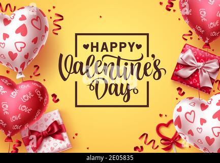 Valentinstag Vektor Hintergrund. Fröhliche Valentinstag Grußtext mit bunten Ballon Herz-Muster, Geschenke und Konfetti-Elemente in gelb Stock Vektor