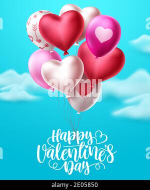 Valentinstag Herz Ballons Vektor-Design. Happy valentines Tag Text mit bunten Haufen Herz Ballons für valentines und Geburtstagsfeiern Stock Vektor
