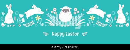 Ostermuster. Niedliches Frühlingsfest Bordüre Design von Hasen und Blumen. Vektorbanner. Stock Vektor