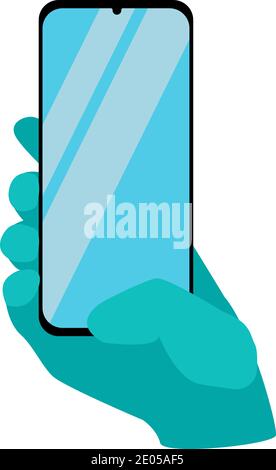 Hand in blauen medizinischen Handschuh hält Smartphone mit blauem Bildschirm. Flat-Stil Stock Vektor