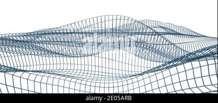 Moderne abstrakte Wireframe-Struktur, virtueller Grid-Hintergrund, Wissenschaft oder Datenkonzept, Wellenvisualisierung, CGI 3D-Rendering Stockfoto