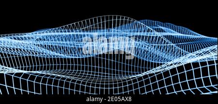 Moderne abstrakte Wireframe-Struktur, virtueller Grid-Hintergrund, Wissenschaft oder Datenkonzept, Wellenvisualisierung, CGI 3D-Rendering Stockfoto