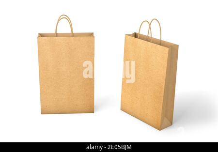 Mockup Craft Paper Bag. Einkaufstasche mit Papierhandgriff isoliert auf weißem Hintergrund. 3d-Rendering Stockfoto