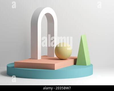 Abstrakte Stillleben-Installation mit weißem Bogen und bunten primitiven geometrischen Formen. 3d-Rendering-Illustration Stockfoto