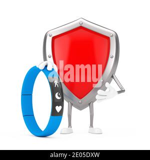 Schutzschild aus rotem Metall Character Maskottchen mit blauem Fitness Tracker auf weißem Hintergrund. 3d-Rendering Stockfoto