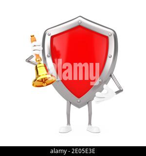 Rotes Metall Schutzschild Zeichen Maskottchen mit Vintage Golden School Bell auf weißem Hintergrund. 3d-Rendering Stockfoto