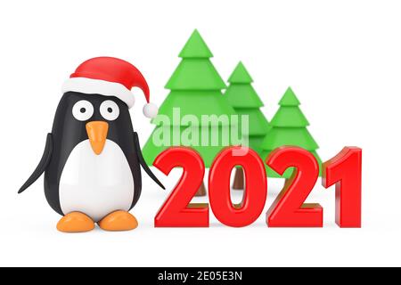Grüne Bäume und Cartoon Pinguin Charakter mit Weihnachtsmütze in der Nähe 2021 Neujahr Zeichen auf einem weißen Hintergrund. 3d-Rendering Stockfoto