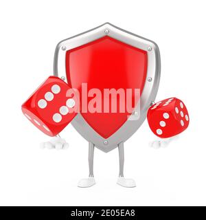 Red Metal Protection Shield Character Maskottchen mit roten Spielwürfeln im Flug auf weißem Hintergrund. 3d-Rendering Stockfoto