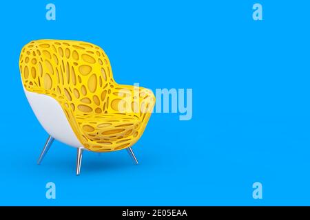 Abstrakt Gelb modernes Leder Oval Form Relax Stuhl auf blauem Hintergrund. 3d-Rendering Stockfoto