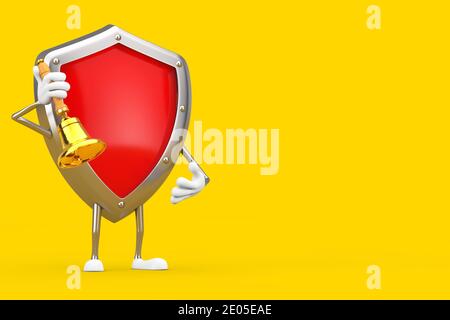 Rotes Metall Schutzschild Zeichen Maskottchen mit Vintage Golden School Bell auf einem gelben Hintergrund. 3d-Rendering Stockfoto