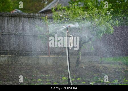 Sprinkler in einem Kartoffelfeld, Bewässerung der Pflanzen Stockfoto