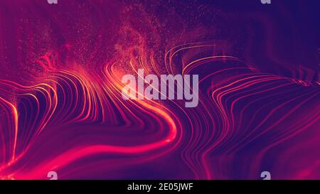 Abstrakte rote Technologie Hintergrund Welle mit Explosionspartikeln und Rauch. Blockchain-Netzwerk-Illustration. Stockfoto