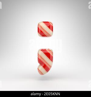 Semikolon-Symbol auf weißem Hintergrund. Candy Cane 3D gerendertes Zeichen mit roten und weißen Linien. Stockfoto