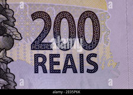 Cassilandia, Mato Grosso do Sul, Brasilien - 2020 12 23: Makroansicht Details der neuen zweihundert-reis-brasilianischen Banknote, die in Umlauf kam Stockfoto