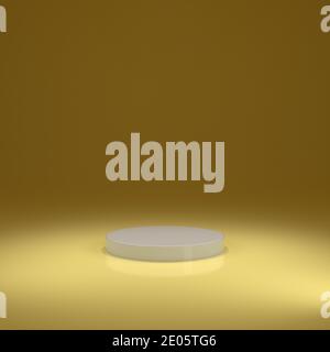 Gelber Hintergrund und hellgrauer Sockel für Produkte. 3d-Illustration, 3d-Rendering. Minimalismus abstrakt. Stockfoto