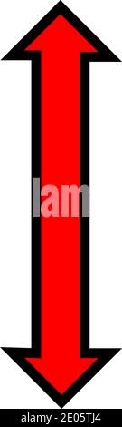 Ein vertikaler roter Pfeil mit einem dicken schwarzen Rand pinkelt nach oben und unten. Stockfoto