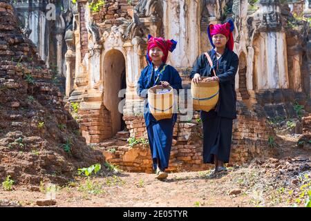 Junge Pa O Damen, die Körbe und Thanaka auf dem Gesicht im Shwe Indein Pagoda Komplex, Shan Staat, Inle See, Myanmar (Burma), Asien im Februar tragen Stockfoto