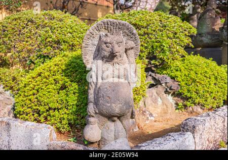 tokio, japan - dezember 10 2020: Steinskulptur mit einem japanischen mythischen Tanuki-Waschbär-Hund, der vor den Blattern des Azaleen-Strauches steht Stockfoto