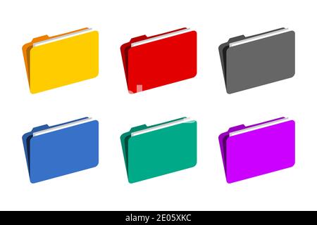 Ordnersymbol in verschiedenen Farben eingestellt. Dateien in Ordnersammlung. Dokumente werden gespeichert. Farbenfrohes Computerordnersymbol. Stauraum. Isoliert auf Weiß Stock Vektor