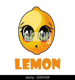Zitronenfrüchte. Gesicht. Beschriftung. Das isolierte Objekt auf weißem Hintergrund. Reif. Flacher Cartoon-Stil. Abbildung. Stockfoto