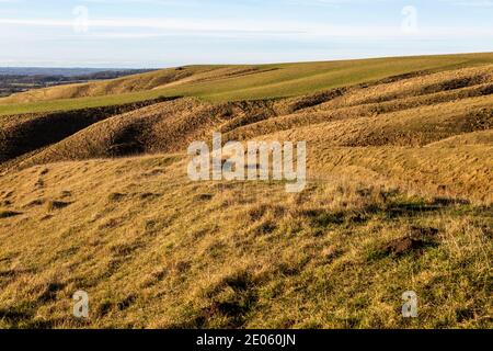 Bergrücken und trockene Täler Kreide Scarp Hang auf Roundway Down, Wiltshire, England, Großbritannien Stockfoto