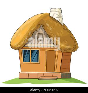 Ein altes Haus mit Reetdach. Fabelhafte Cartoon-Objekt. Niedlicher Kinderstil. Eine alte Wohnung. Winzig, klein. Isoliert auf Weiß. Stockfoto