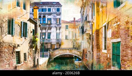 Venezianische Straße und Kanäle. Künstlerisches Bild im Paining Stil Venedig, Italien Stockfoto